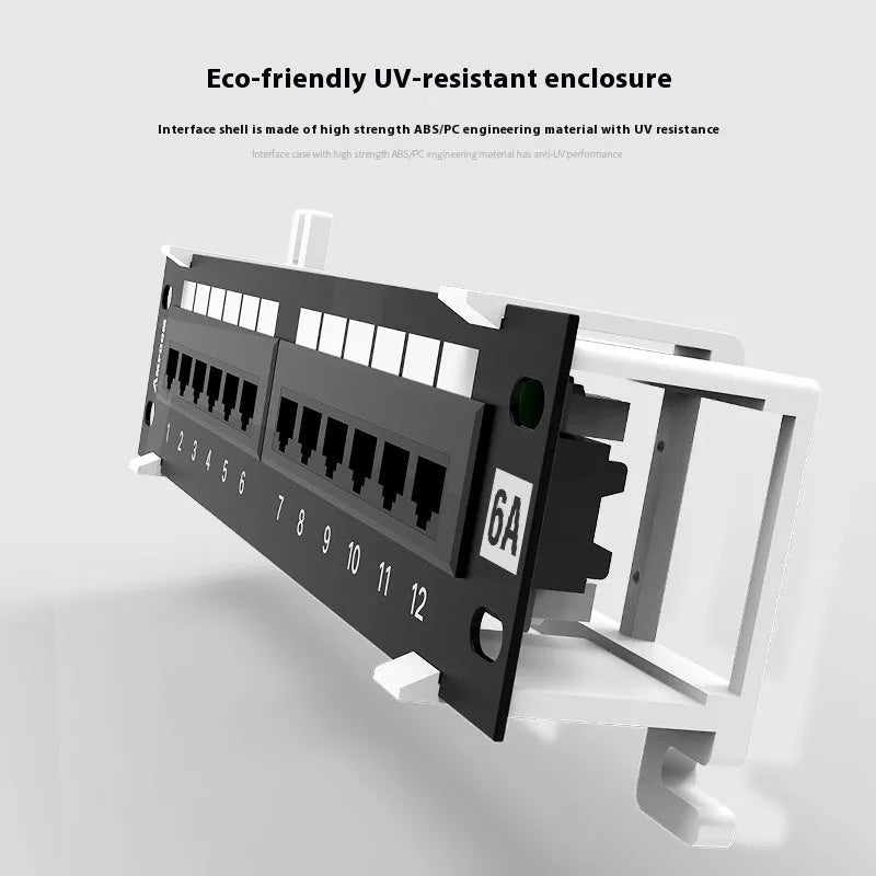 Black 12-port steel network distribution frame with hook bracket and included installation tools.