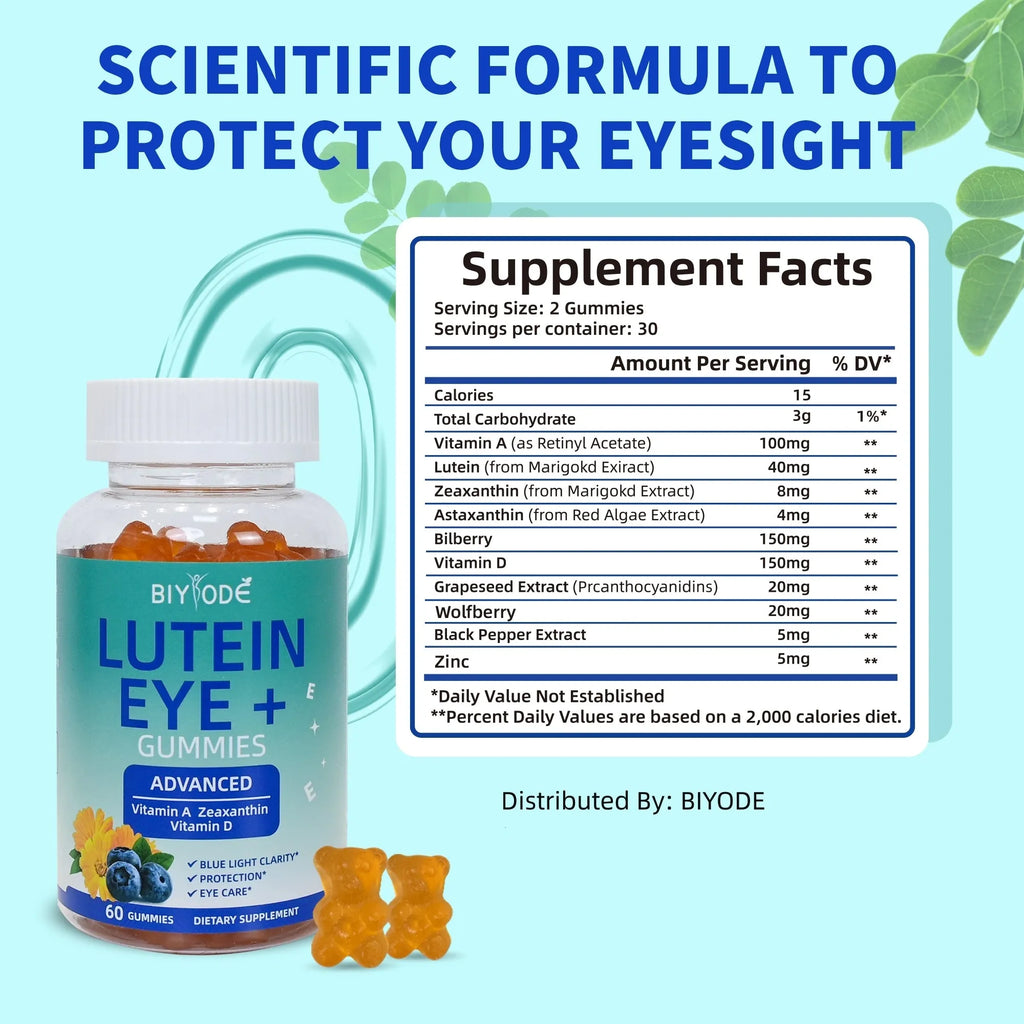 Lutein gummies eye health supplement bottle with 60 gummies, lutein, vitamin A, vitamin D, bilberry, grapeseed and wolfberry