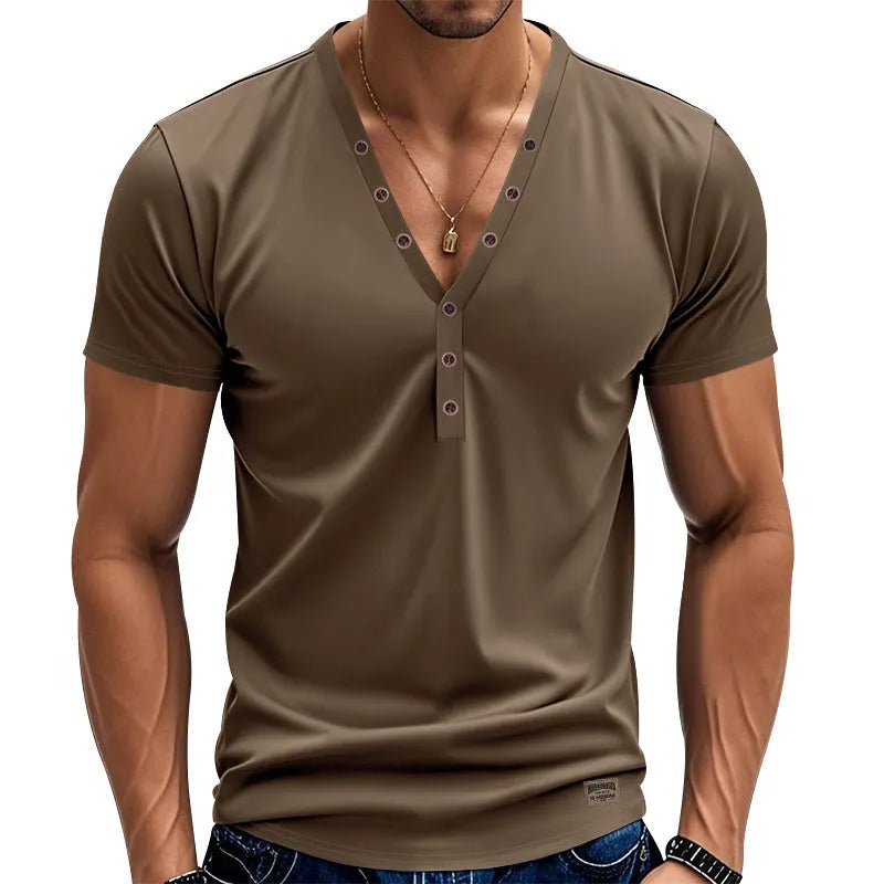 Men's loose V-neck casual top with button detail in chemical fibre blend fabric