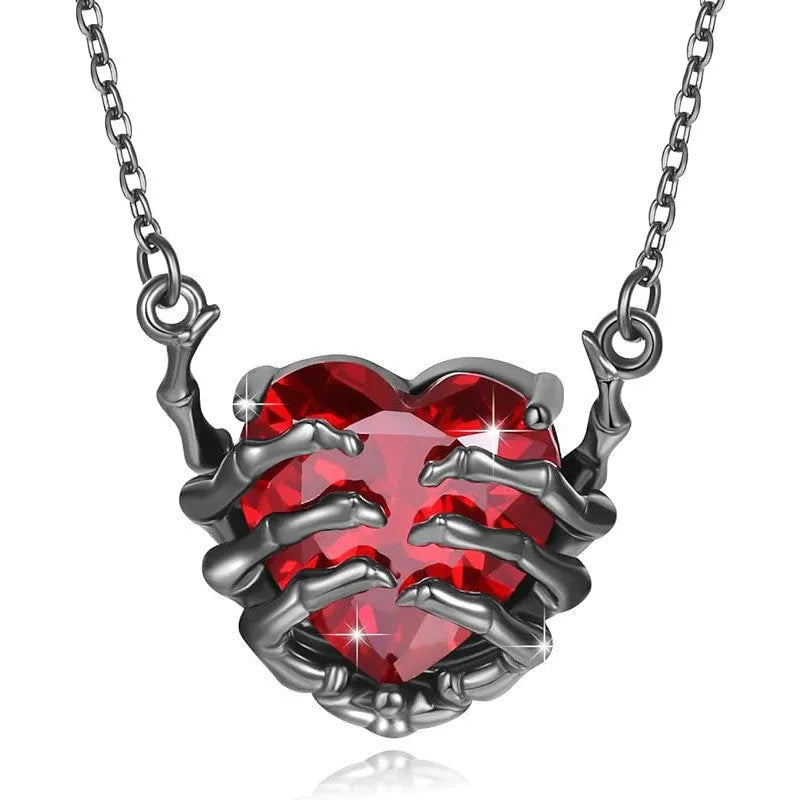 Dark red heart-shaped ghost claw pendant necklace on copper O-ring chain, unisex fashion jewellery, 41-50cm.