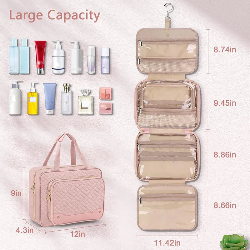 Pink waterproof hanging cosmetic bag with dimensions 30.5 cm wide shown suspended from a hook