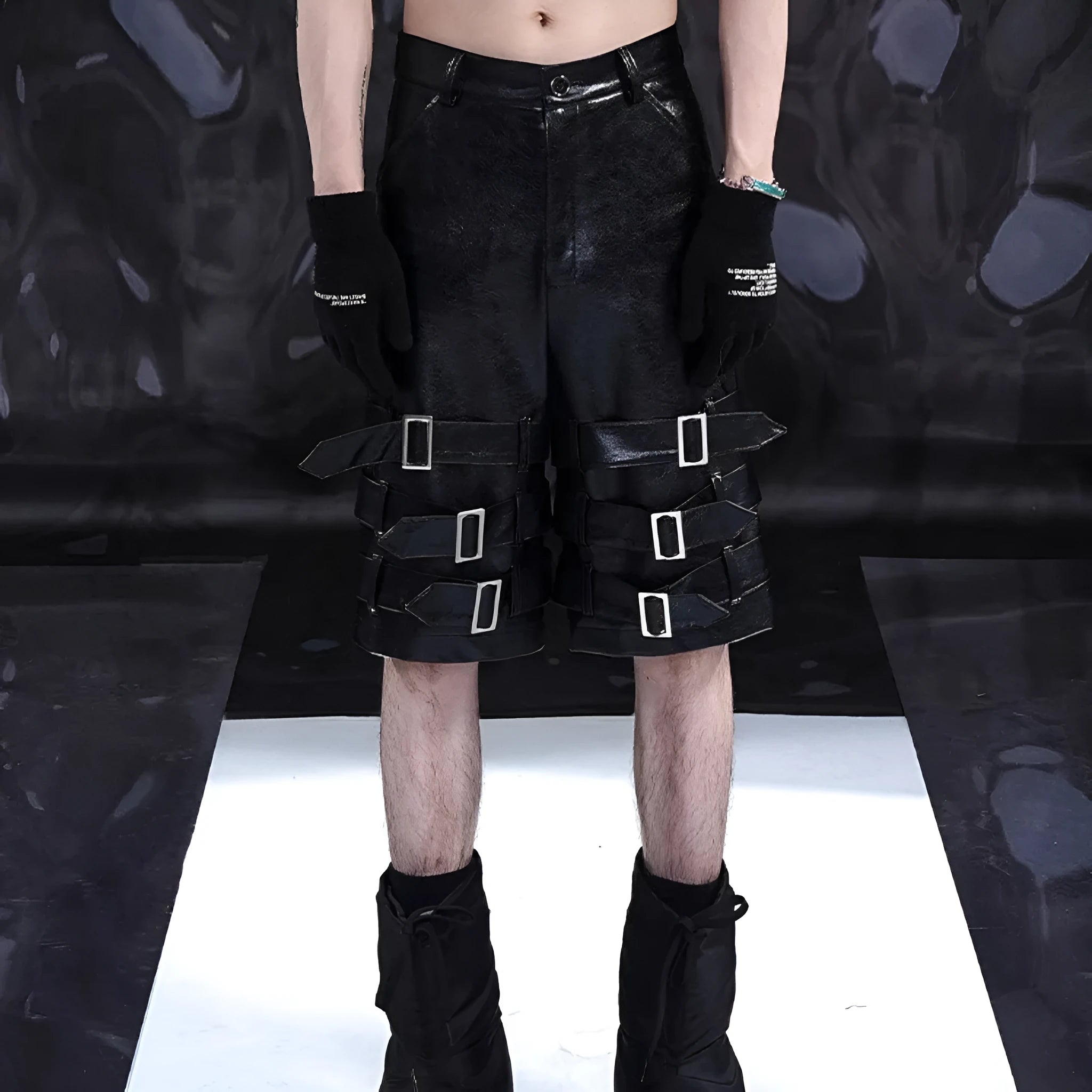 Men's black PU leather cropped pants with ring detailing in medium low waist design