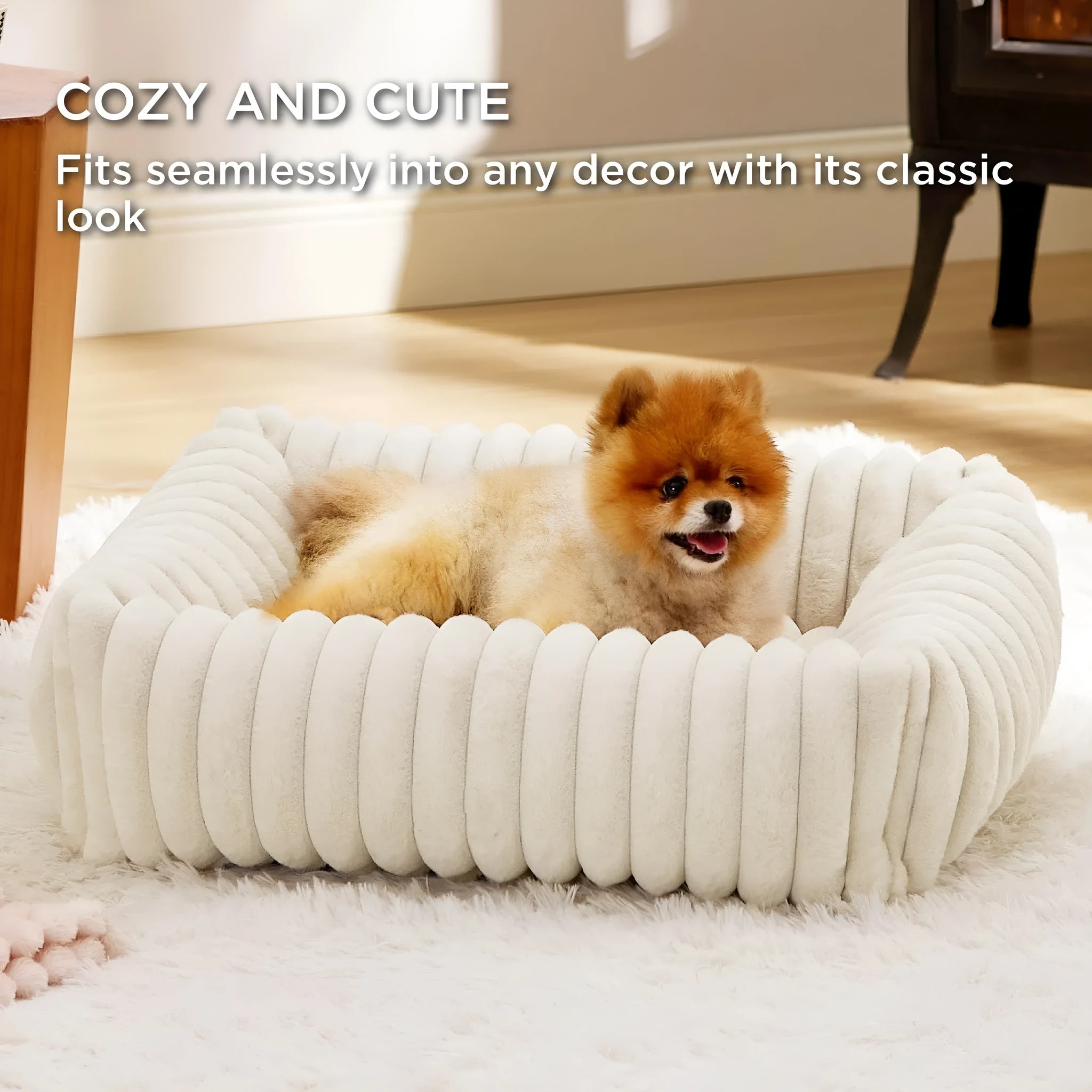 A raised winter pet bed for cats or dogs with a soft cushion, shown in a neutral colour.