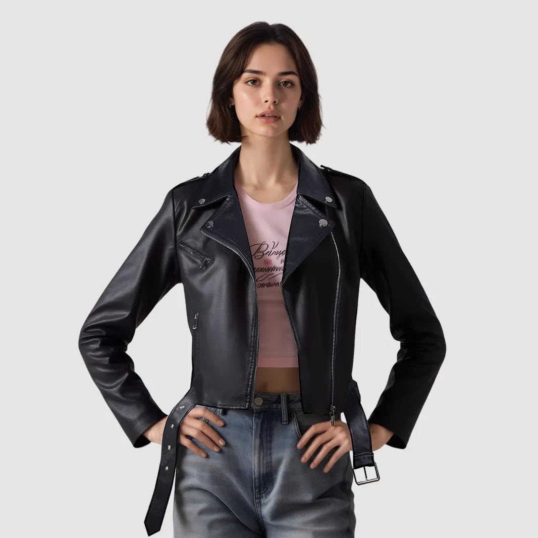 Women's short red PU leather jacket with lapel collar and waist belt on a hanger.