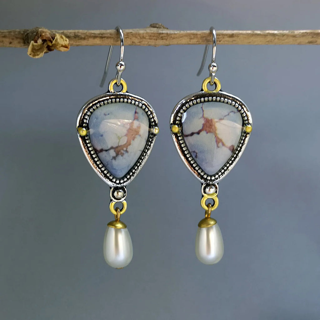 Retro blue drop earrings with geometric bohemian design and synthetic opal pearl accents