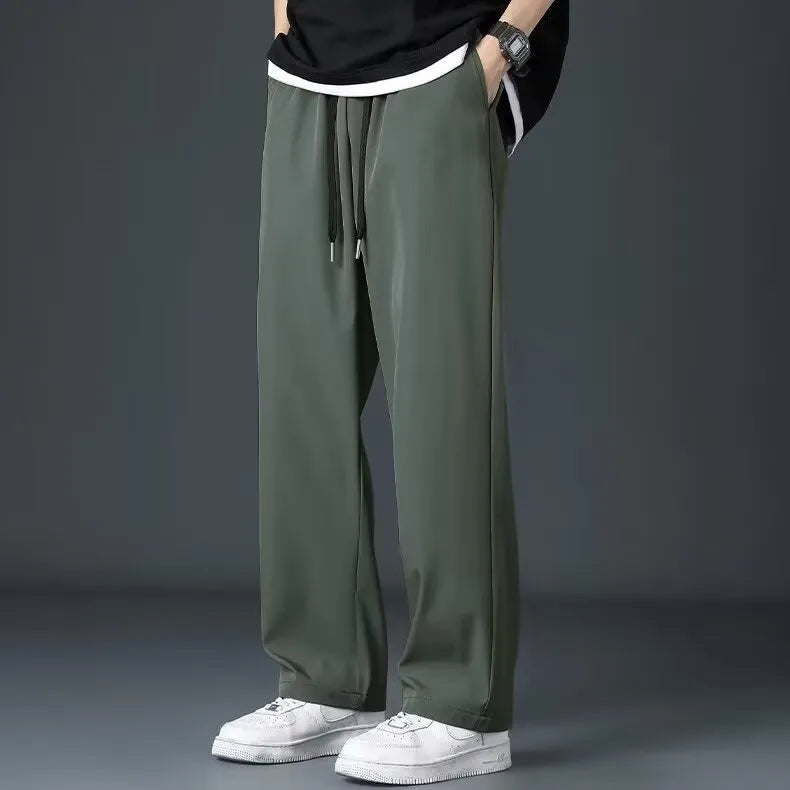 Ice silk men's wide leg drooping pants in black, elastic waist, straight cut, summer casual trousers