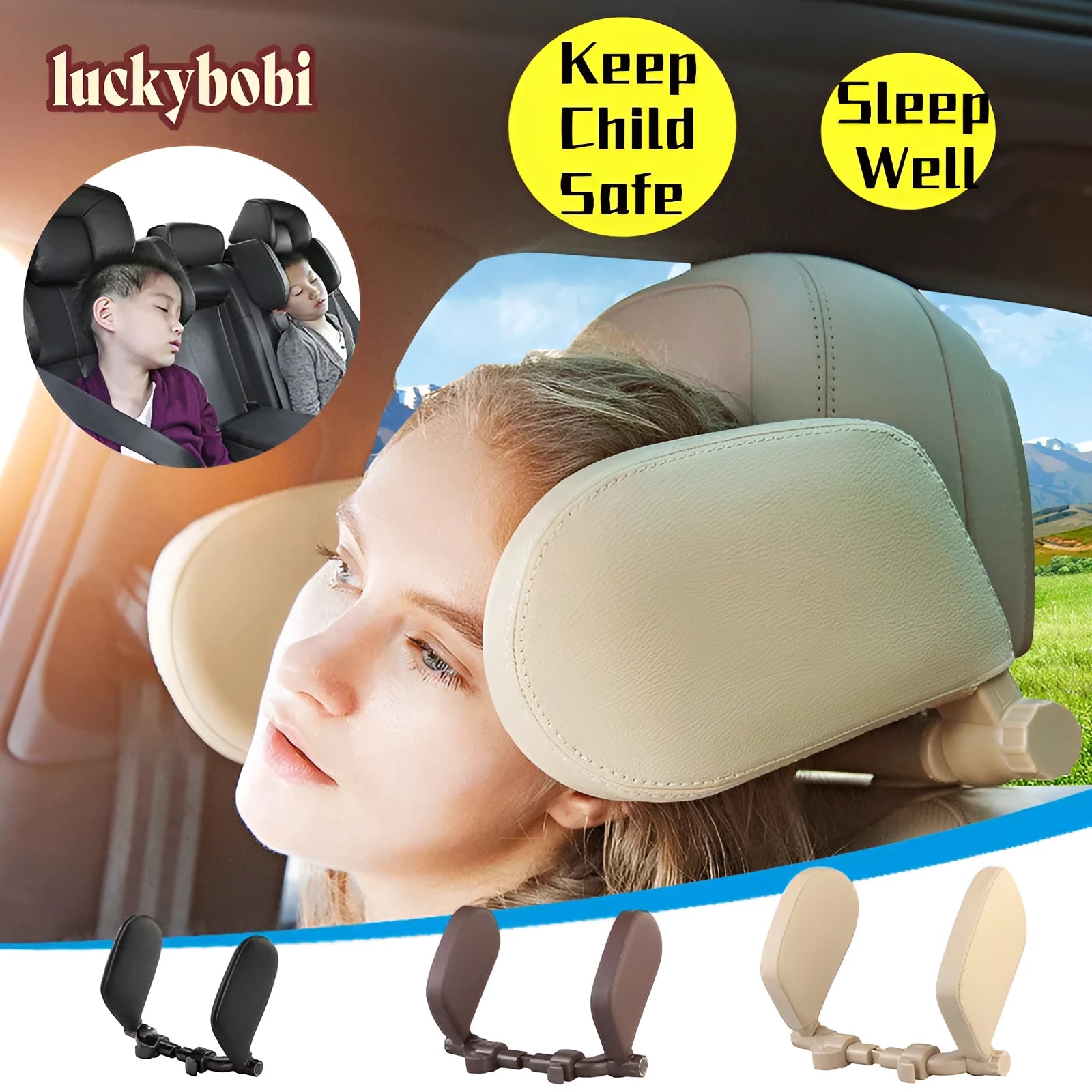 Car seat headrest pillow with memory foam bolsters and adjustable ABS support rod in beige
