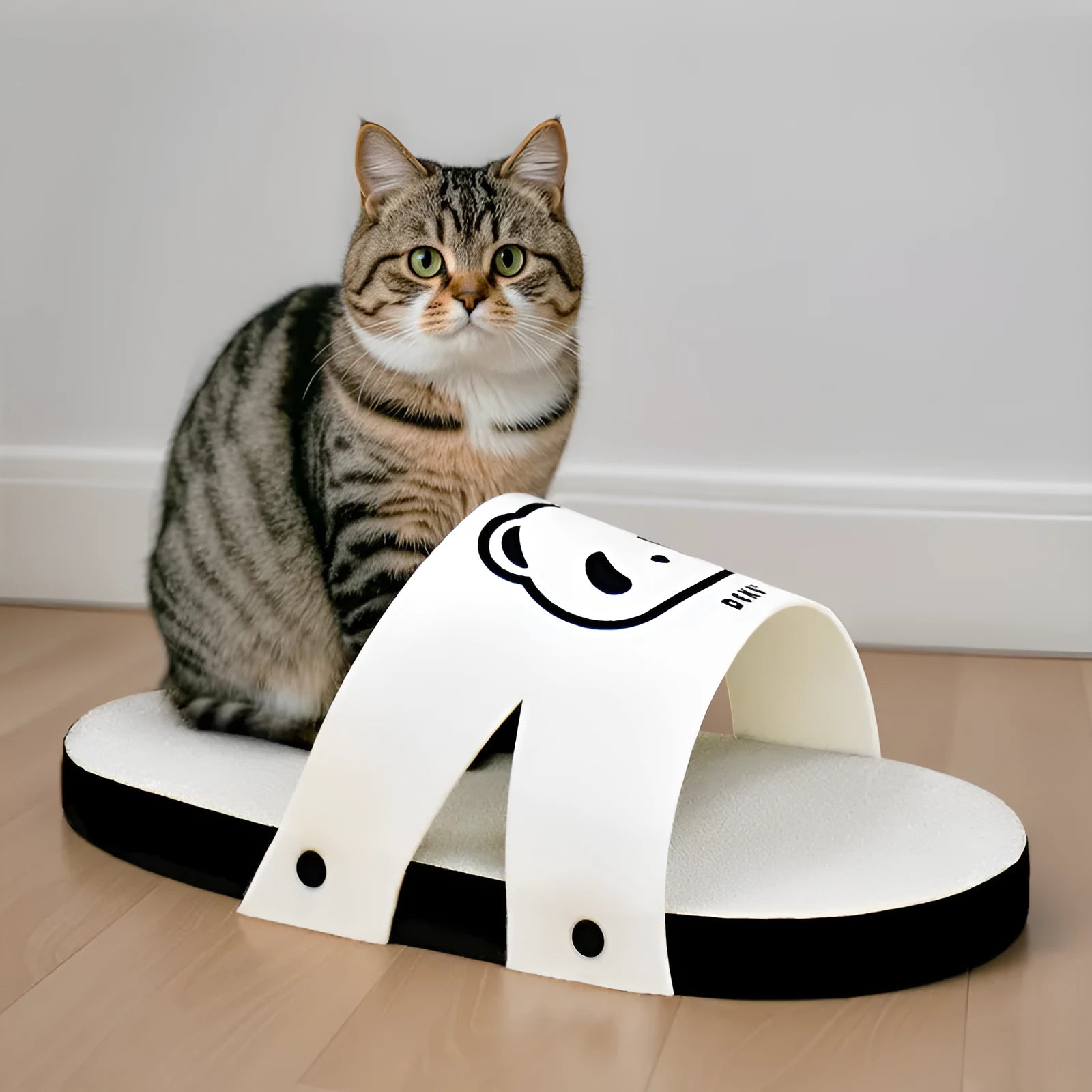 White corrugated paper cat scratch board in a slipper style design on a floor.