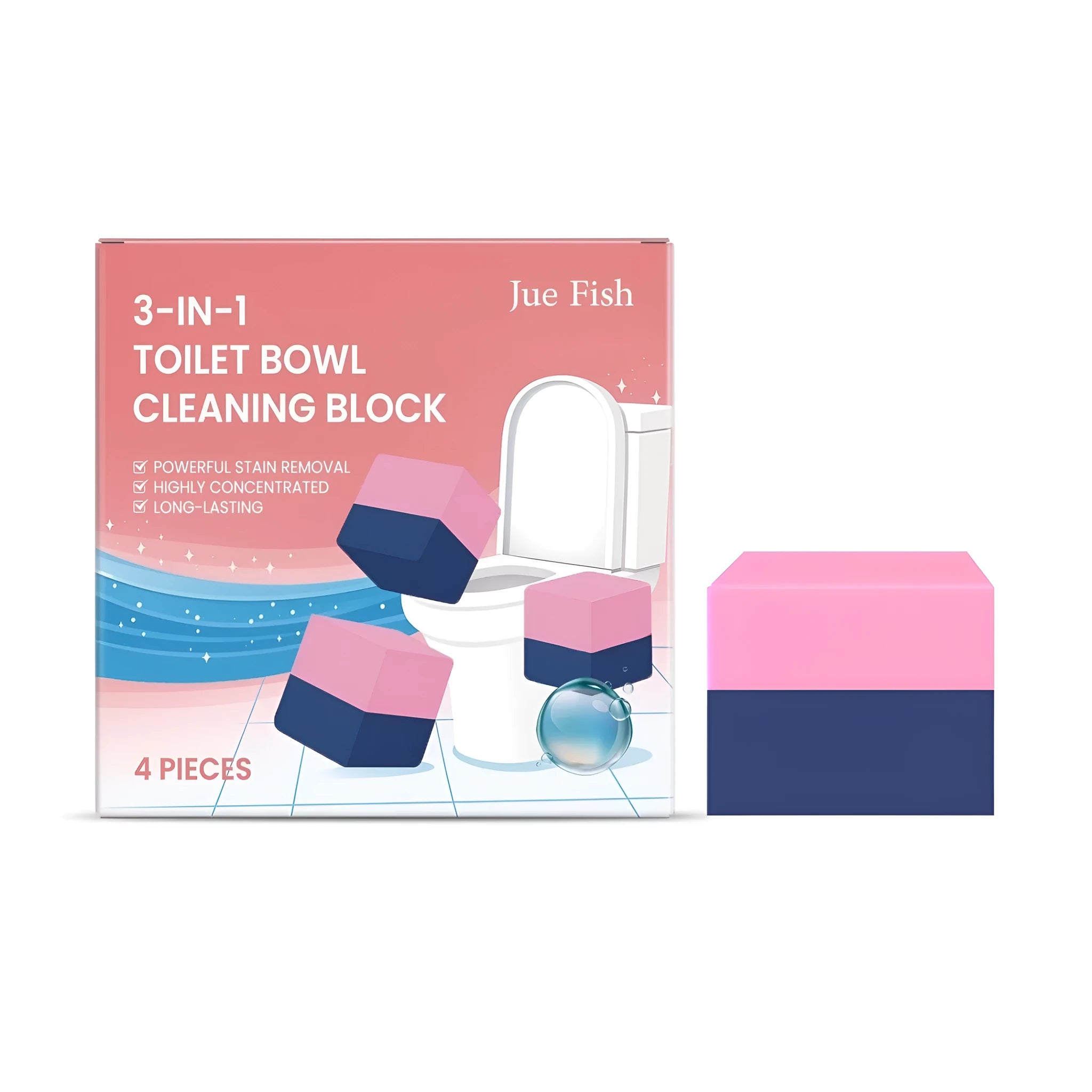 Four three-in-one toilet cleaning blocks in packaging for cistern, bowl, and odour control