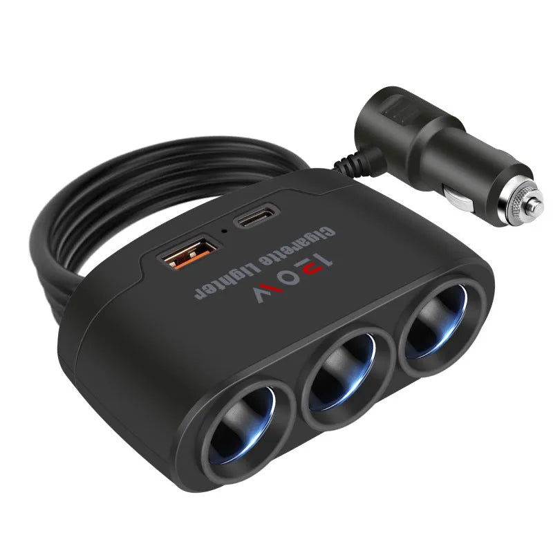 Multi-function car cigarette lighter adapter with USB Type-C PD fast charging ports for 12V24V vehicles