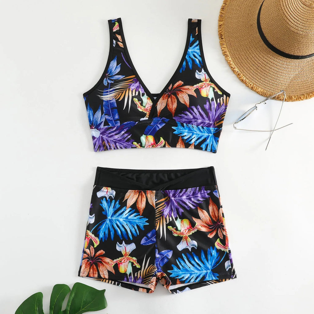 Women's two-piece swimsuit with printed boxer briefs and sleeveless top in polyester fabric