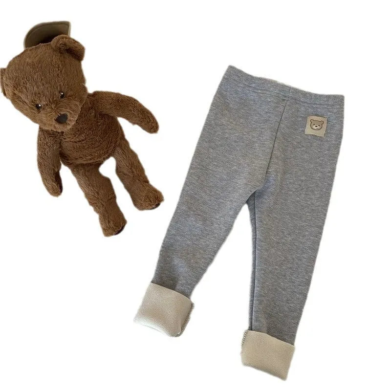 Girls' high-waisted fleece-lined leggings in beige, black, brown, and grey colours with a wool lining.