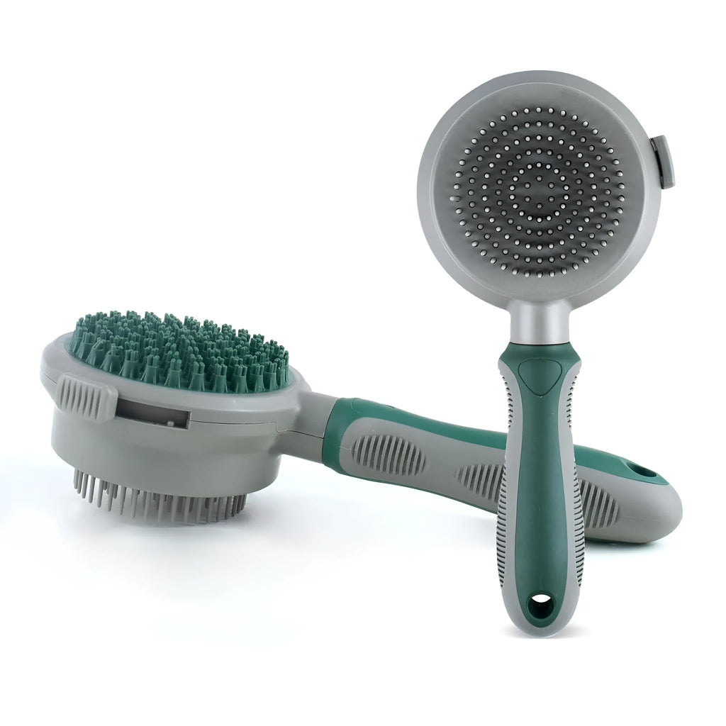 Green and pink two-sided pet grooming brush with retractable slicker and silicone massager