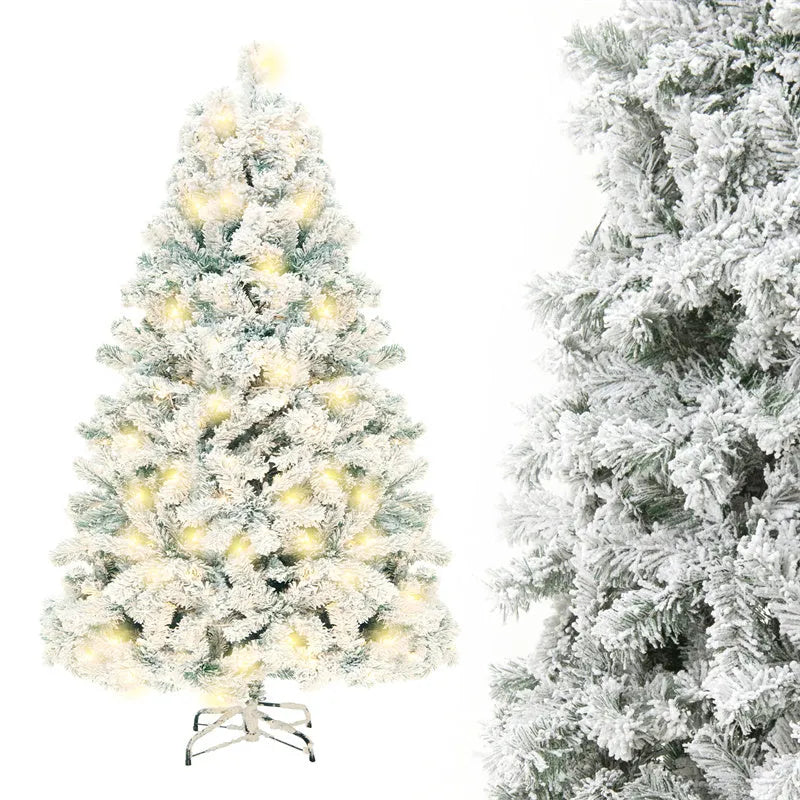 Green and white PVC artificial snow Christmas tree with metal stand in 150cm, 180cm, and 230cm sizes.