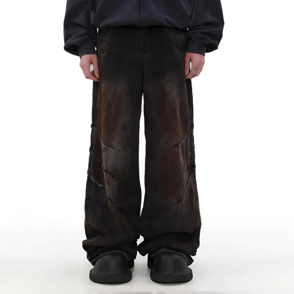Men's distressed dirty wash baggy straight leg jeans in rust colour cotton denim