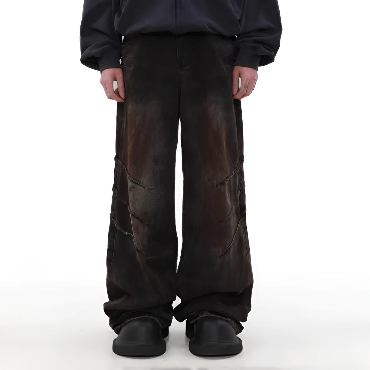 Men's distressed dirty wash baggy straight leg jeans in rust colour cotton denim
