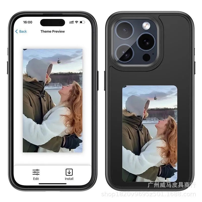 Black smart NFC phone case with four-colour e-ink screen and 3D relief texture for iPhone 11-16 series