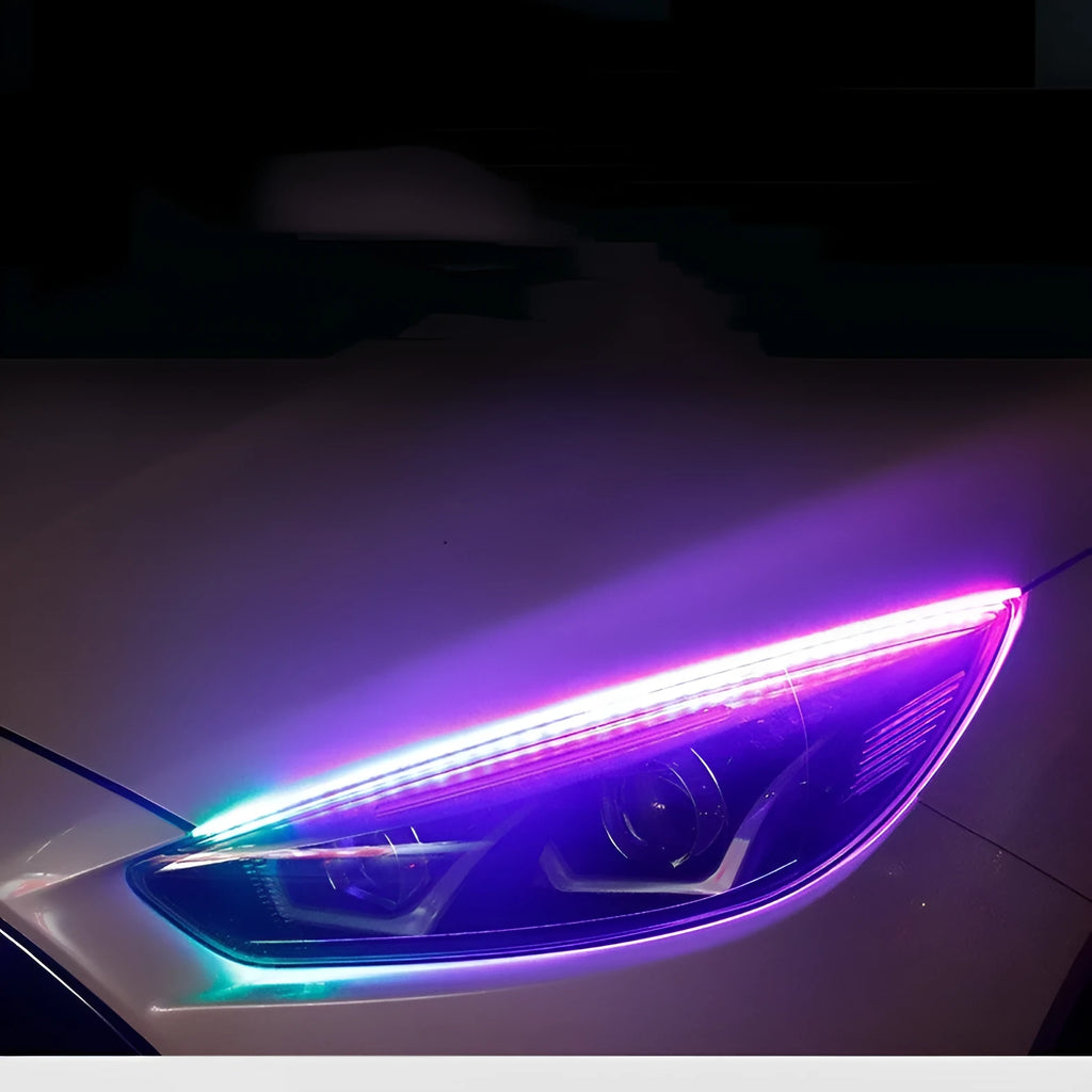 RGB colour-changing LED daytime running light strip with remote control in 30cm, 45cm, and 60cm sizes.