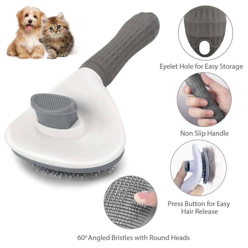 Blue cat grooming brush with release button for removing loose fur from indoor cats