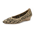 Women's leopard print low heel wedge pumps with mesh upper and pointed toe