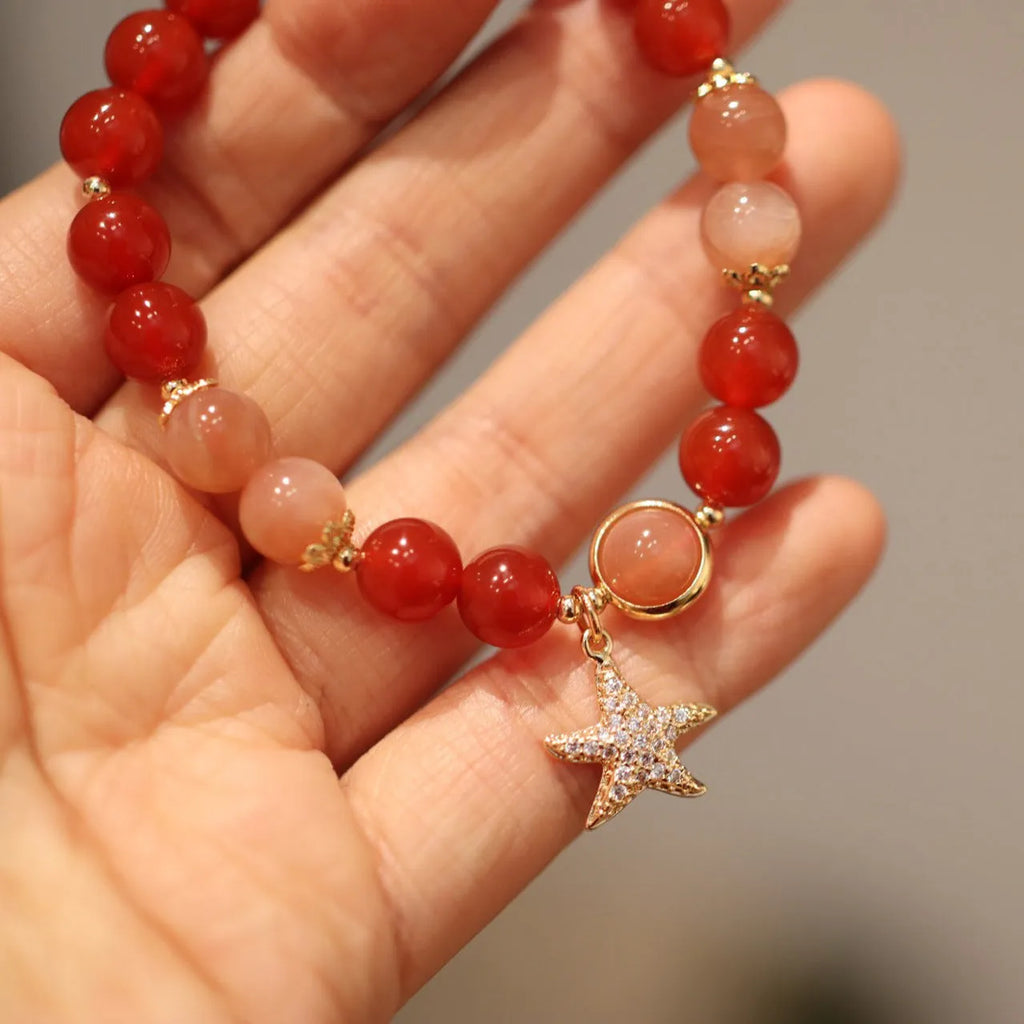 Handmade red agate bracelet with 8mm sands orange sunstone beads and star xiangyun ethnic design