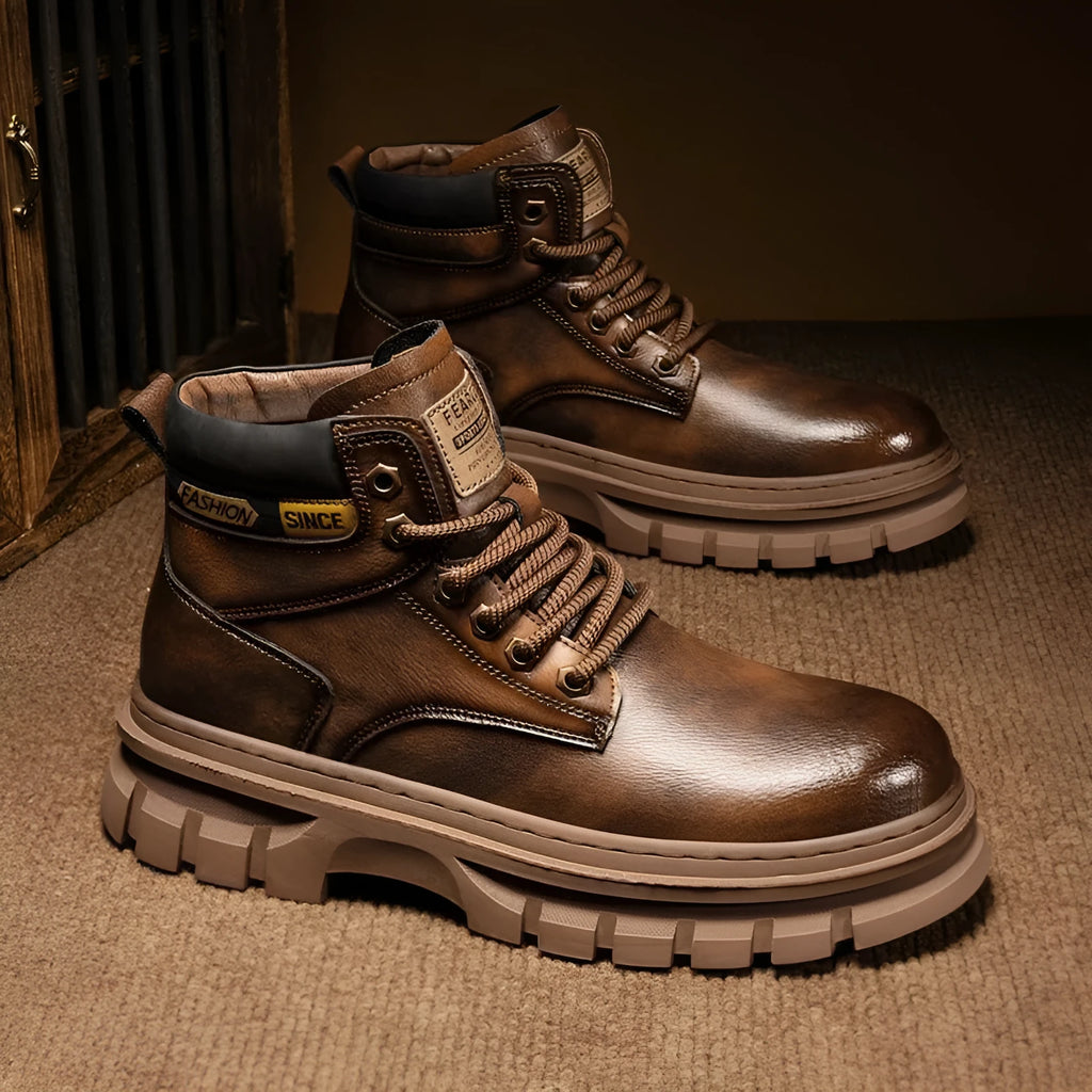Men's Martin boots with artificial PU leather upper, round toe, and front lace-up closure