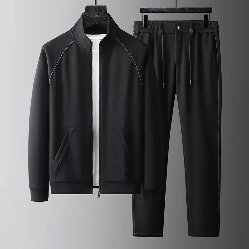 Men's stand collar slim fit sports suit jacket and trousers in coffee colour
