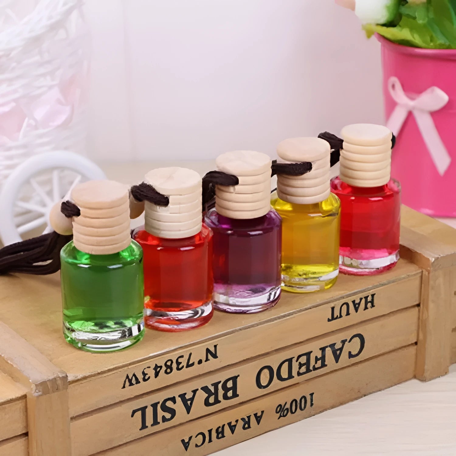 Glass bottle car air freshener hanging ornament with 55g fragrance options including lavender, lemon, apple, strawberry, ocean, and floral scents