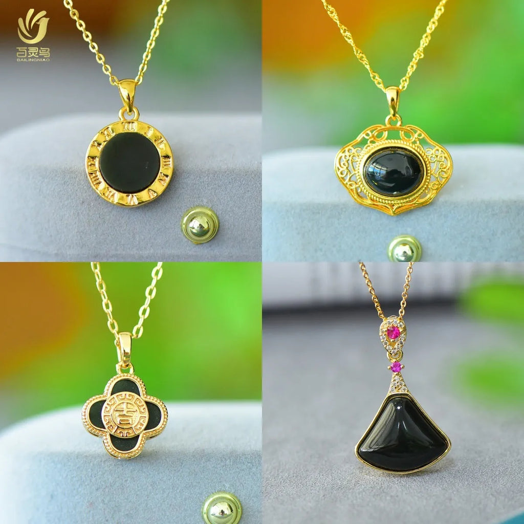 Natural Hetian jade flat pendant with copper inlay, grey jade and ink blue jade jadeware necklace