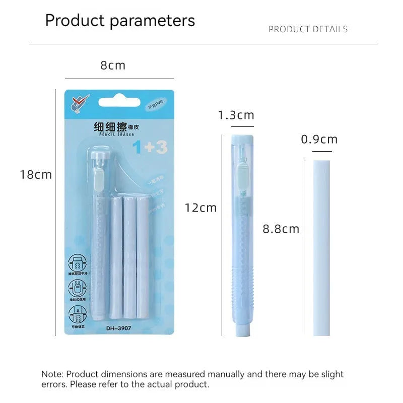Push type automatic children's eraser in blue, green, pink, purple colours measuring 12cm by 8cm