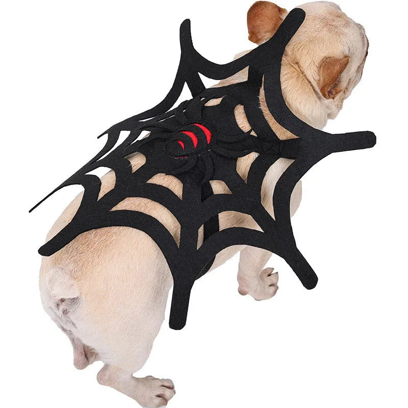 Black felt cloth Halloween spider web costume for cats and dogs, with size chart showing neck and bust measurements