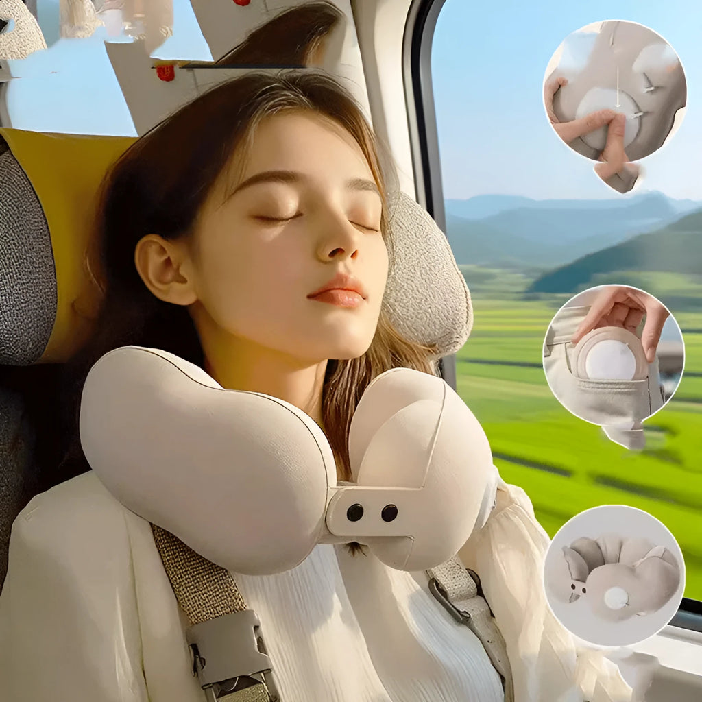 Inflatable U-shaped travel neck pillow with cloud bubble cartoon pattern deflated and inflated