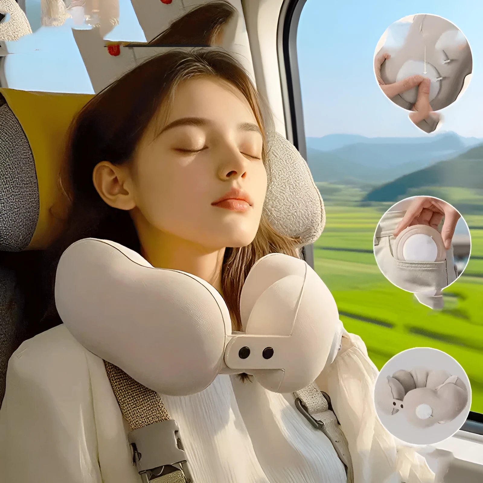 Inflatable U-shaped travel neck pillow with cloud bubble cartoon pattern deflated and inflated