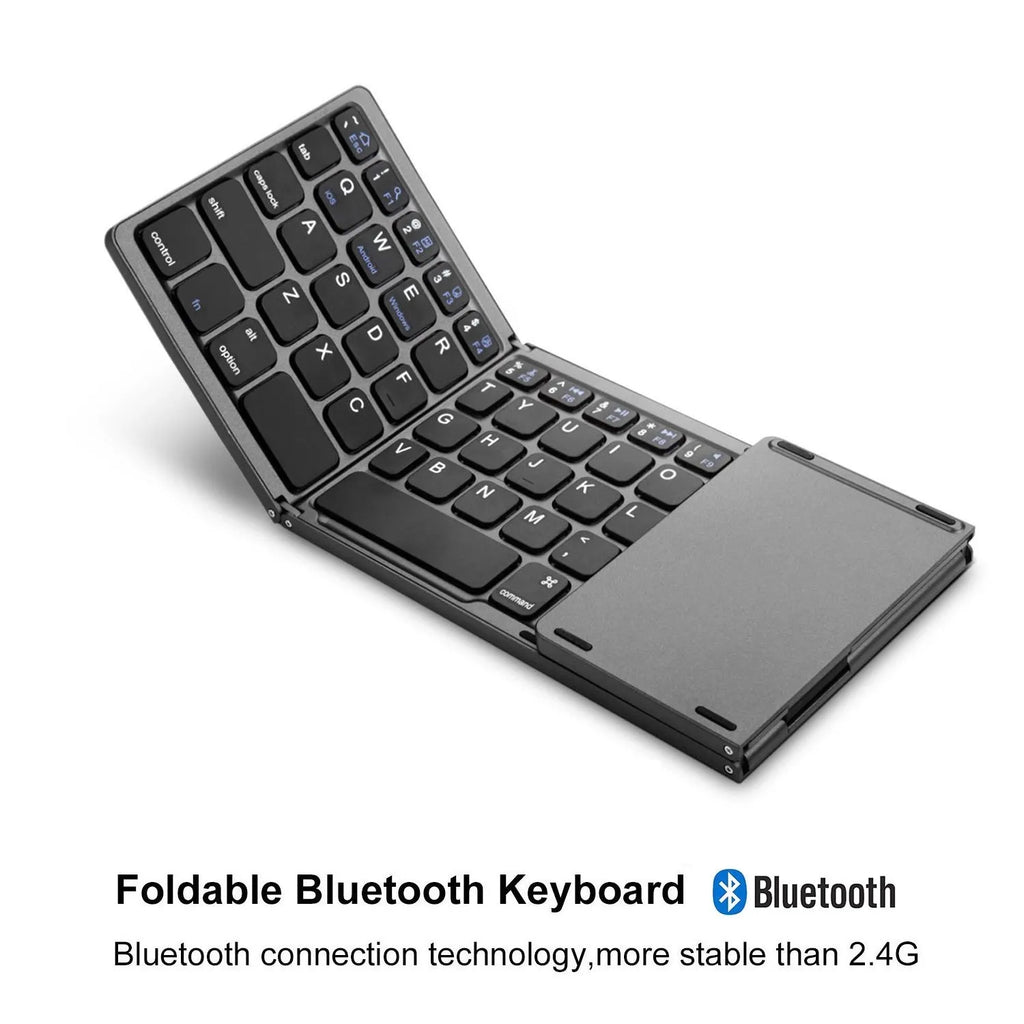 Mini tri-fold Bluetooth keyboard unfolded showing black keys and silver casing