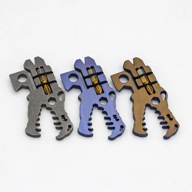 Dinosaur head tool in TC4 titanium, 78 x 42 x 5mm, 34g, shown in grey blue or copper for outdoor and home use
