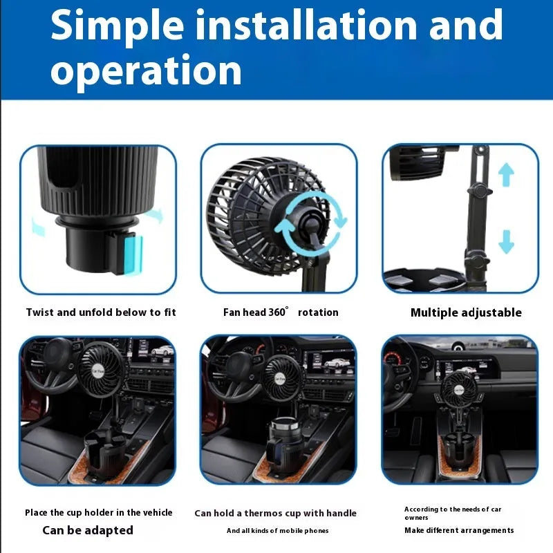 A portable fan with a base designed to fit into a car cup holder, with power cable for 12V, 24V, or USB connection.