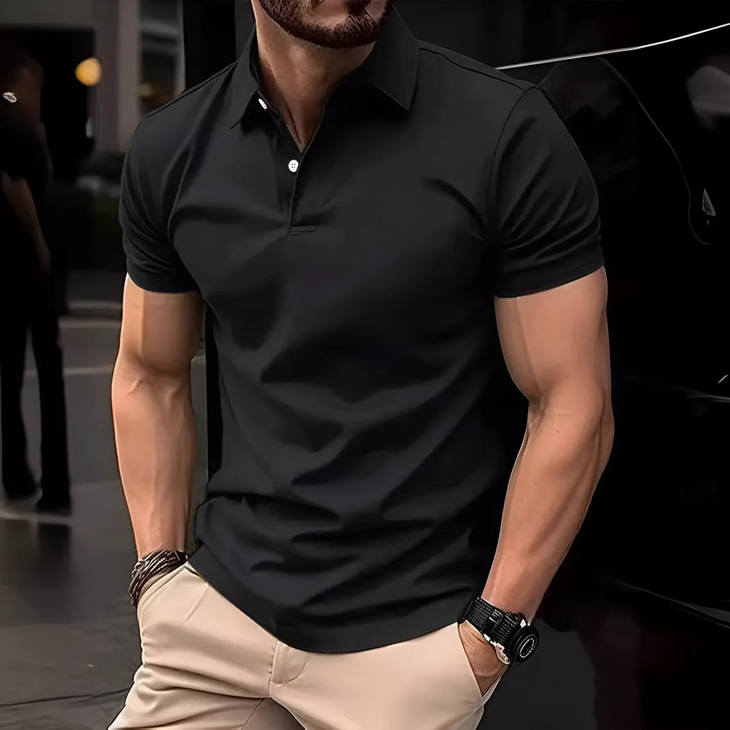 Men's slim fit solid colour short sleeve button shirt in a cotton mix fabric.