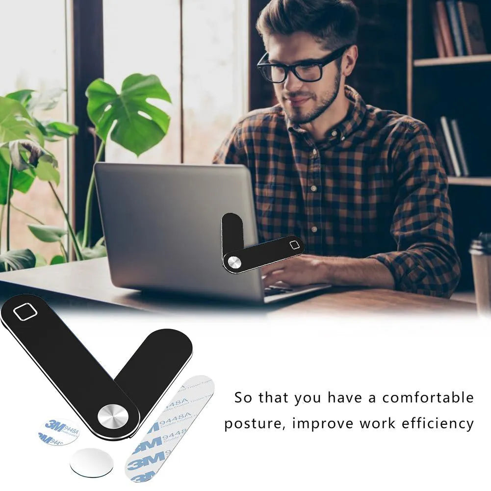 Aluminium laptop phone holder with magnetic mount attached to computer screen