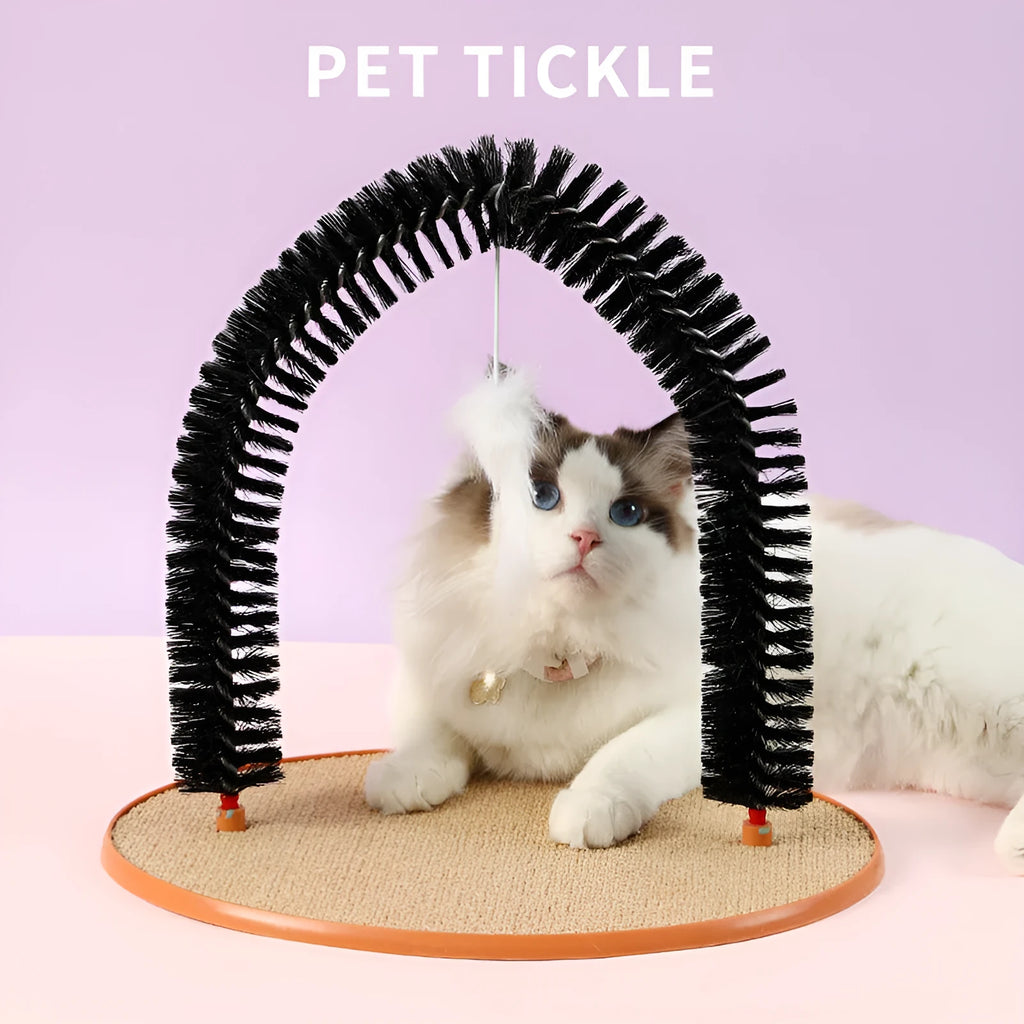 Black arch-shaped cat scratch post with rubbing surface and attached plush mouse toy