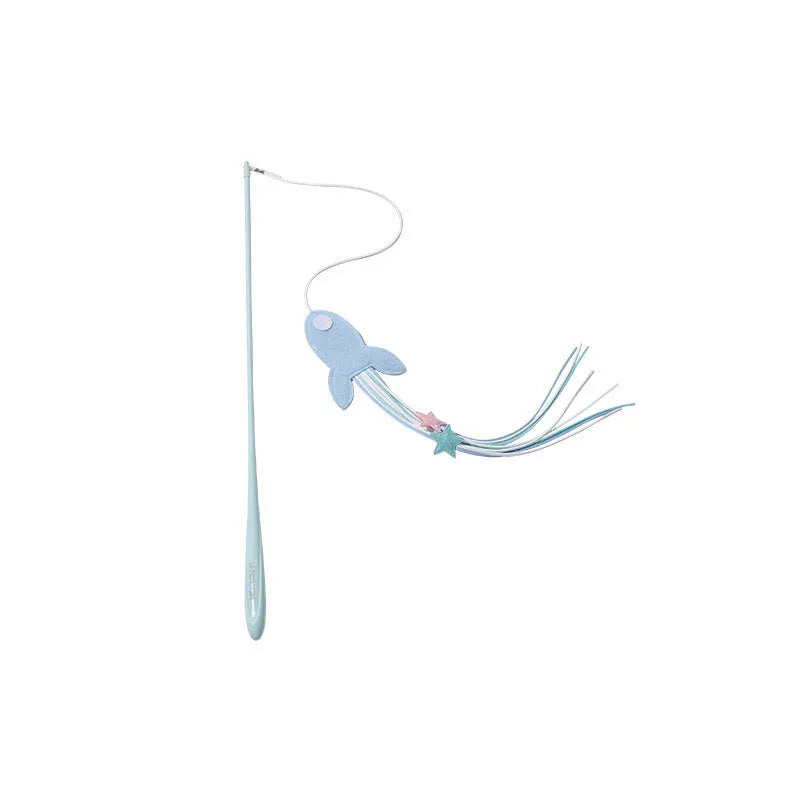 Blue cat toy wand with long pole and a bite-resistant rocket attachment decorated with feathers.