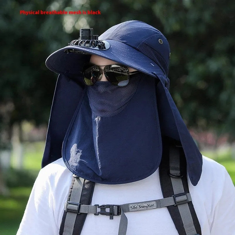 Men's khaki sun hat with built-in fan and neck covering shawl for outdoor fishing.