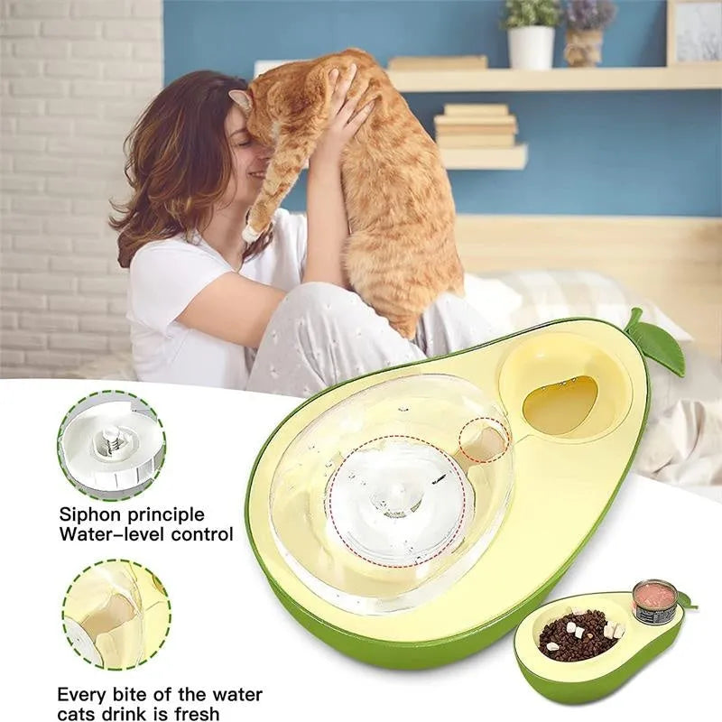 Green avocado-shaped automatic cat water dispenser and food bowl with slow feeder insert