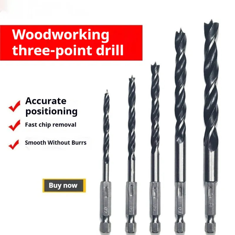 Woodworking twist punch drilling bit set with steel bits and hexagonal handle, five pieces on a dark background