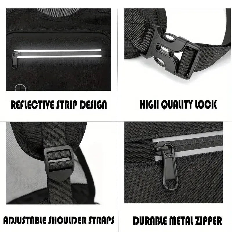 Black outdoor sports chest bag with adjustable straps and reflective mesh pocket for running and cycling