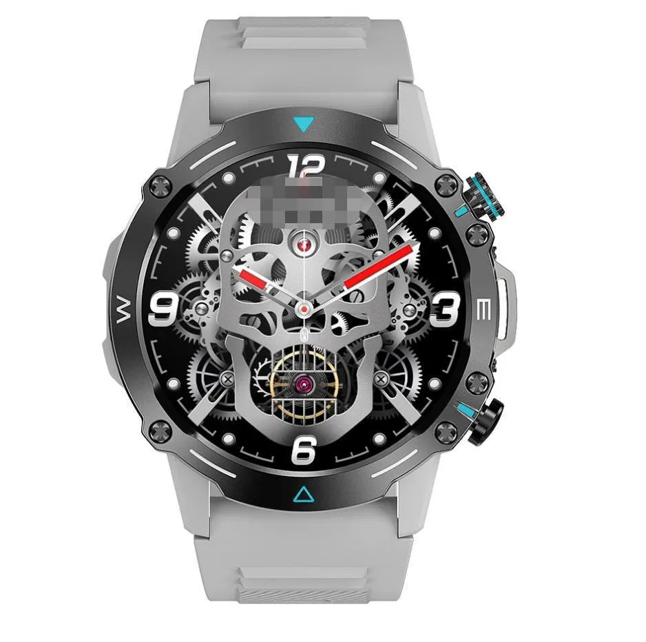 M42 smart watch in black on a wrist, showing its AMOLED screen displaying health metrics.