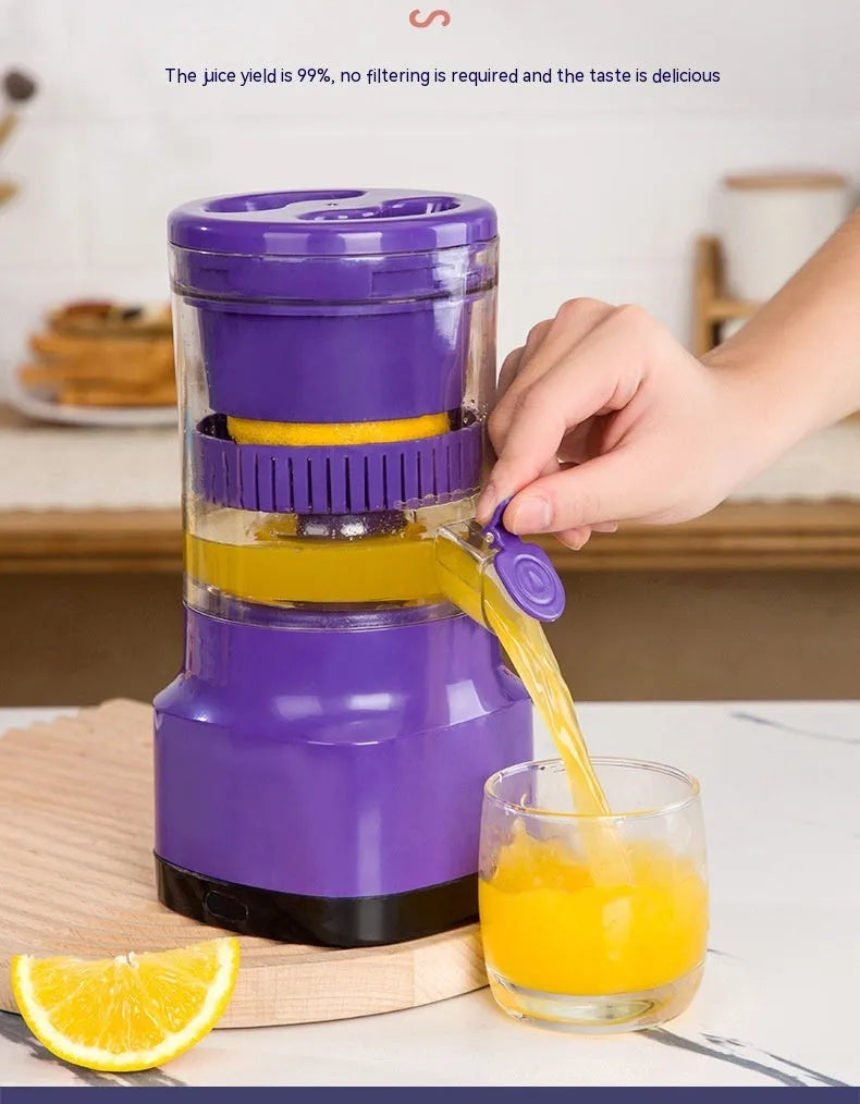 Purple USB rechargeable electric citrus juicer with detachable jug on a kitchen counter.