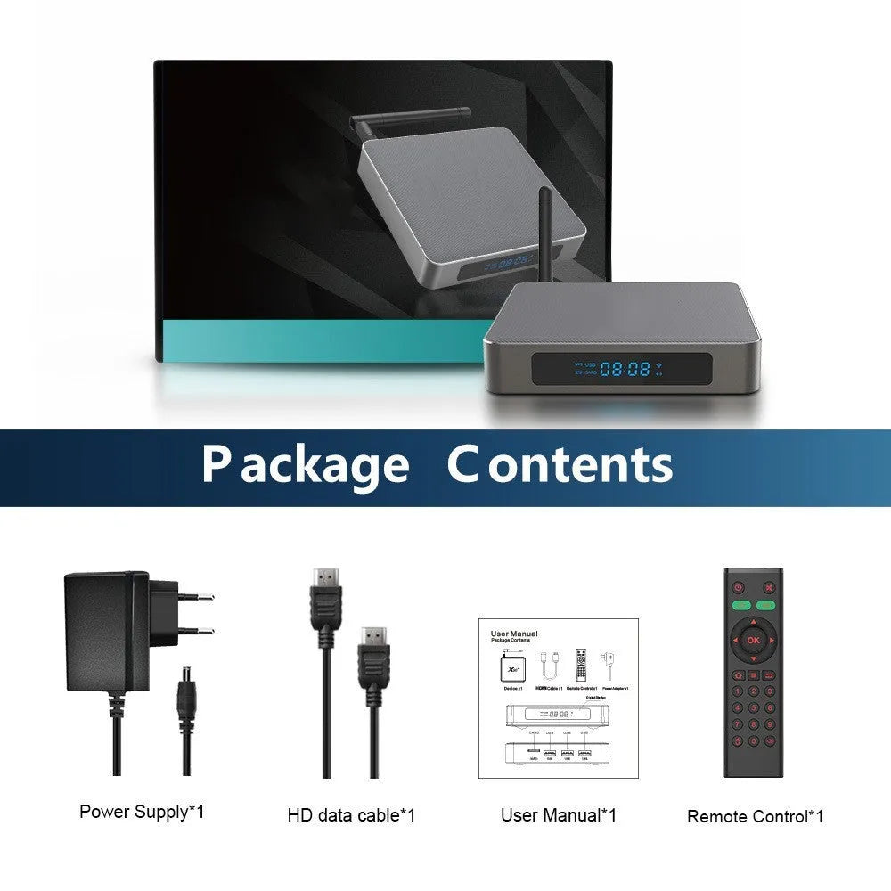 Android set-top box with 8K output showing front panel and connectivity ports