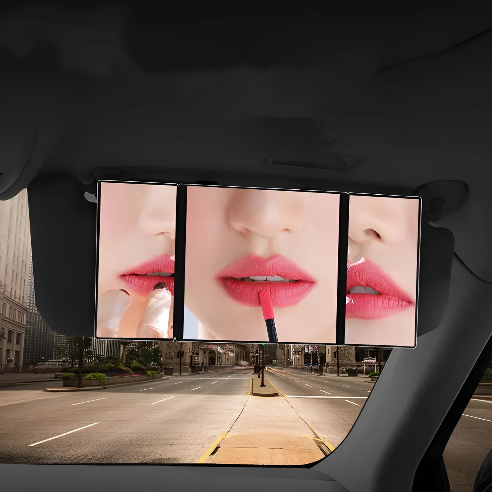 Silver car folding makeup mirror showing closed and open positions