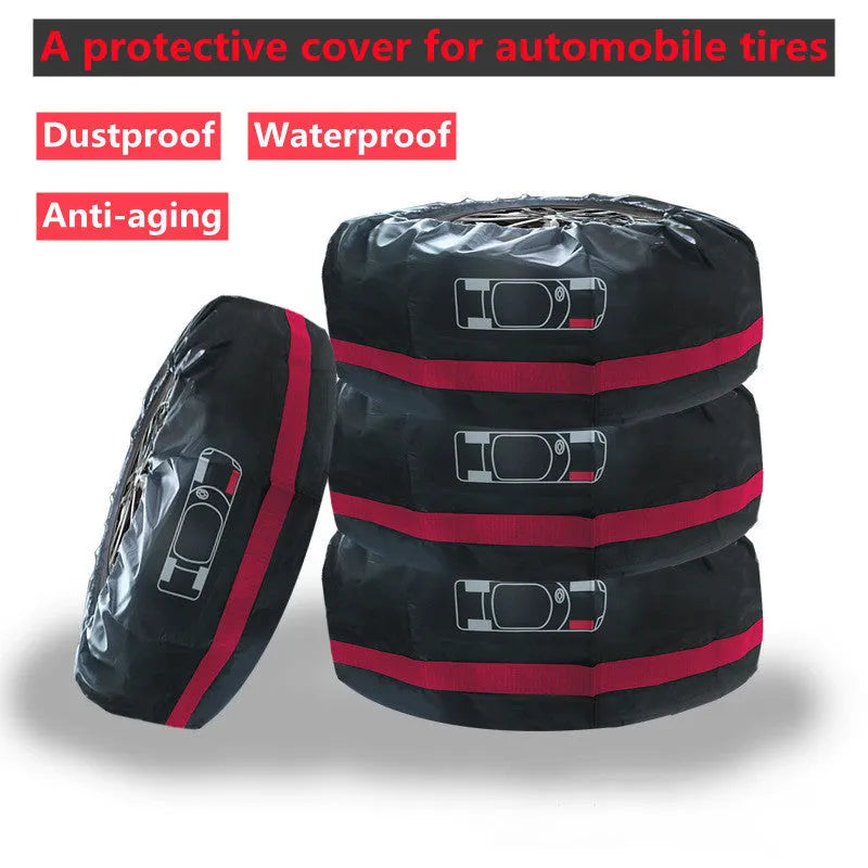 Set of four black Oxford cloth tyre protective covers with red belt closures laid flat.