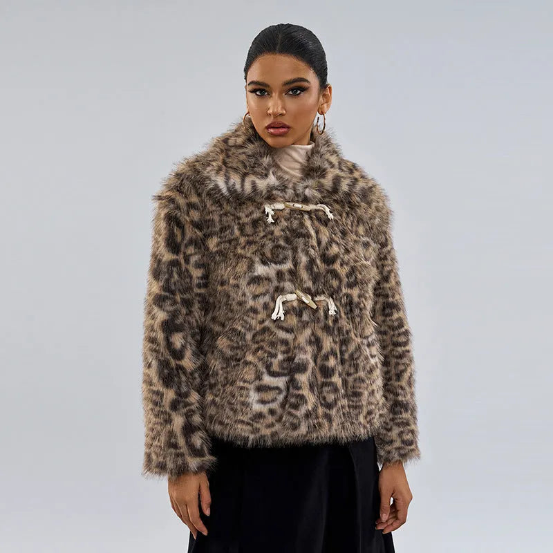 Women's leopard print fashion coat with a buckle lapel on the collar.